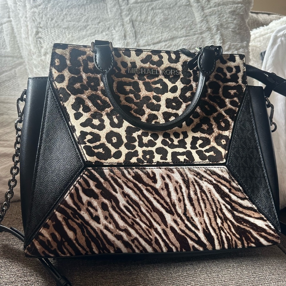 Michael Kors Black and Brown Animal Print Satchel